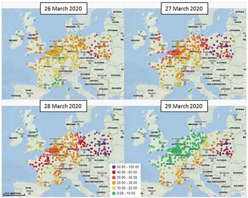 Elevated PM2.5 (µg/m3) levels across norther Europe‘s monitoring networks