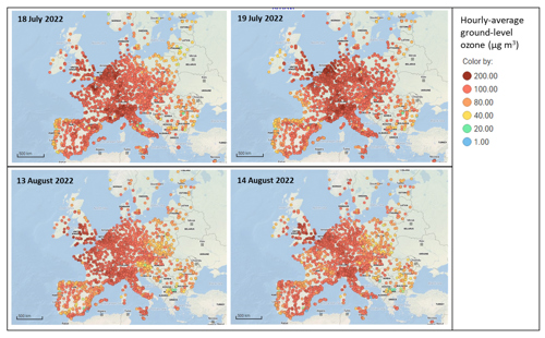 recorded ground-level ozone concentrations across Europe and the UK at 18:00hrs during the July heatwave (18th and 19th of July) and the August heatwave (13th and 14th August)